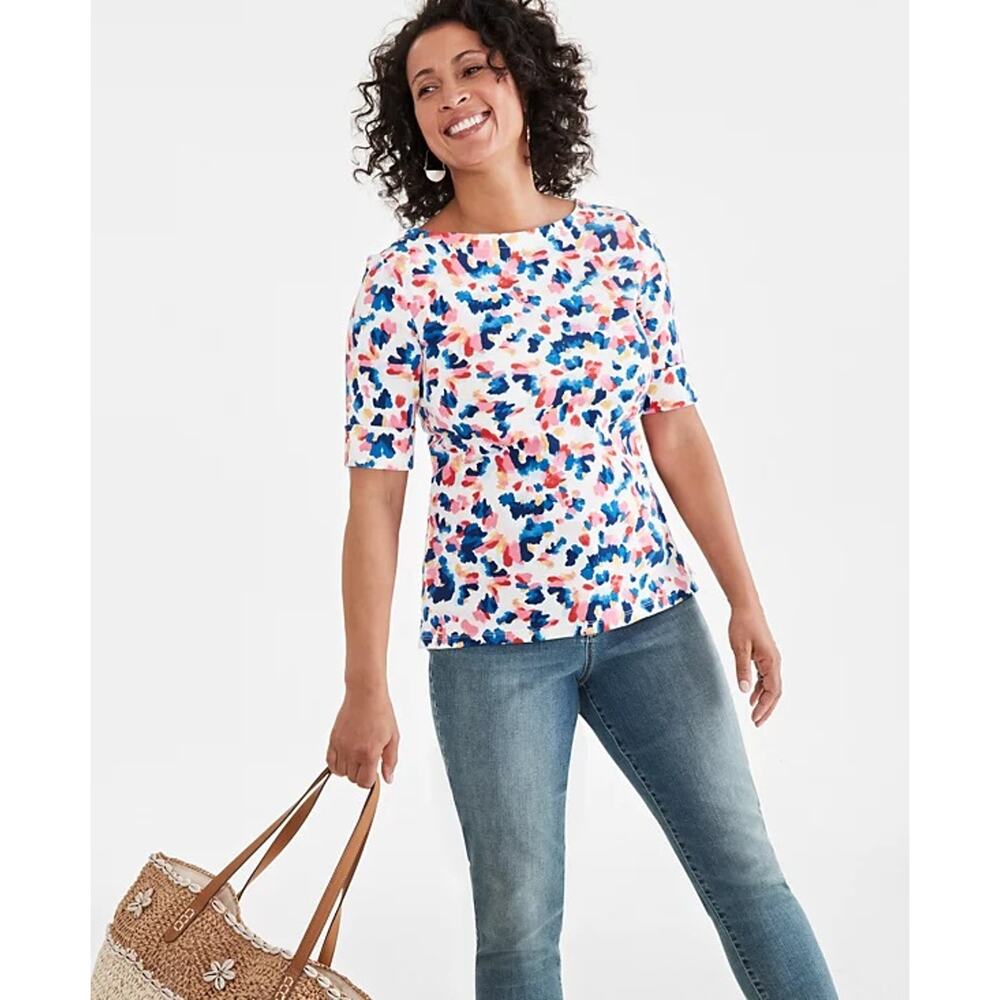 Style&Co Women Plus Size Boat Neck Elbow-Sleeve Top Size 3X Dreamy Dye Blue Pink